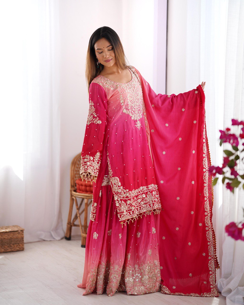 Designer silk kurta palazzo with dupatta set