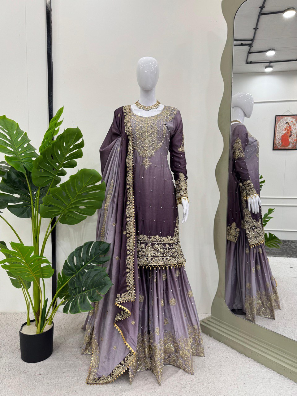 Designer silk kurta palazzo with dupatta set