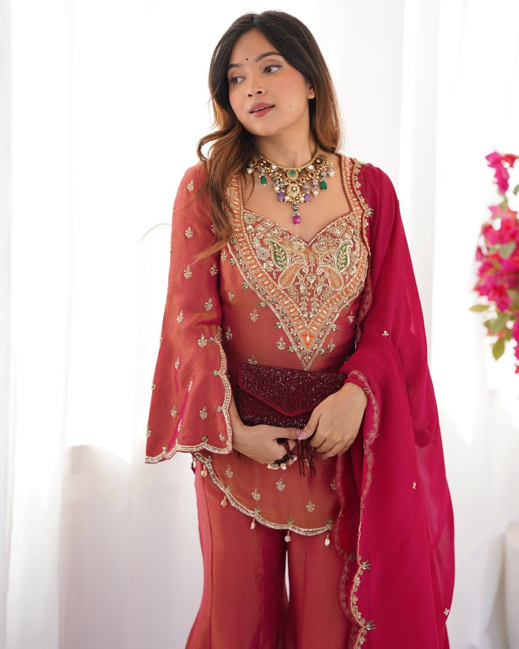 Party wear shimmer silk kurta palazzo with dupatta sets