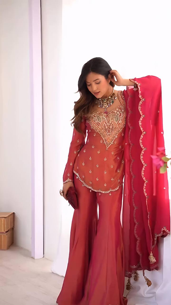 Party wear shimmer silk kurta palazzo with dupatta sets