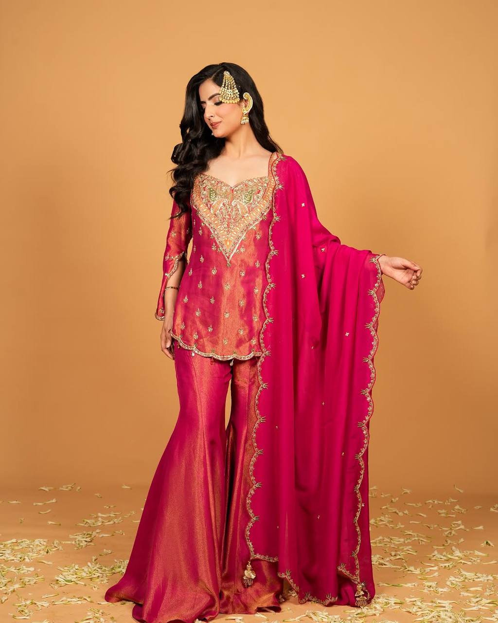 Party wear shimmer silk kurta palazzo with dupatta sets