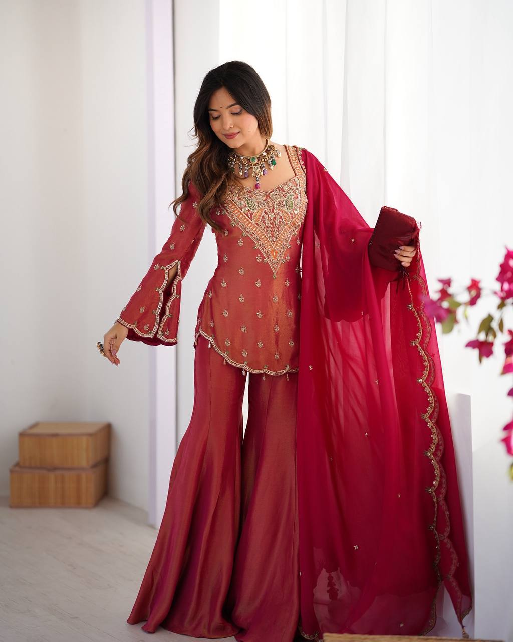 Party wear shimmer silk kurta palazzo with dupatta sets