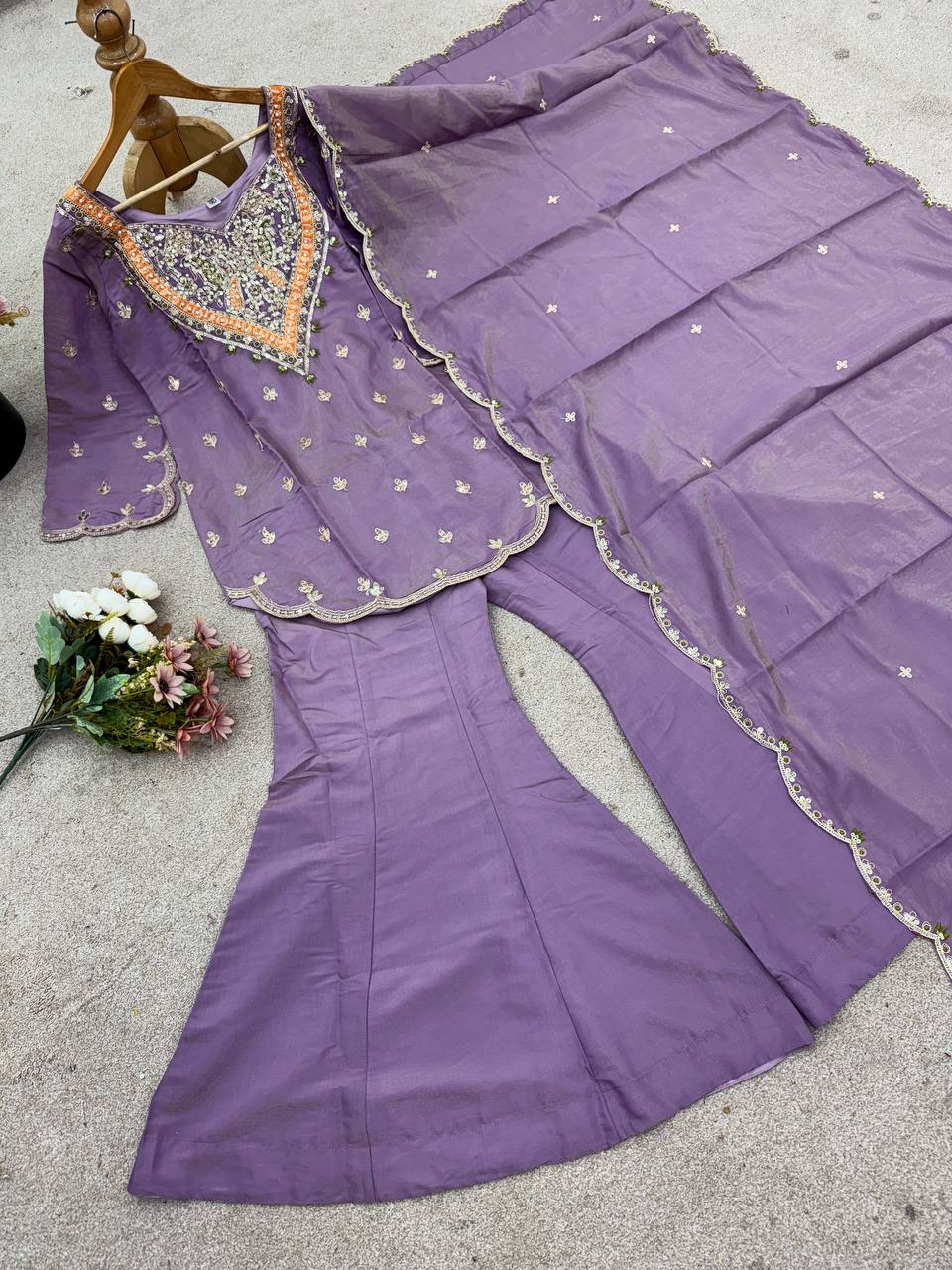 Party wear shimmer silk kurta palazzo with dupatta sets