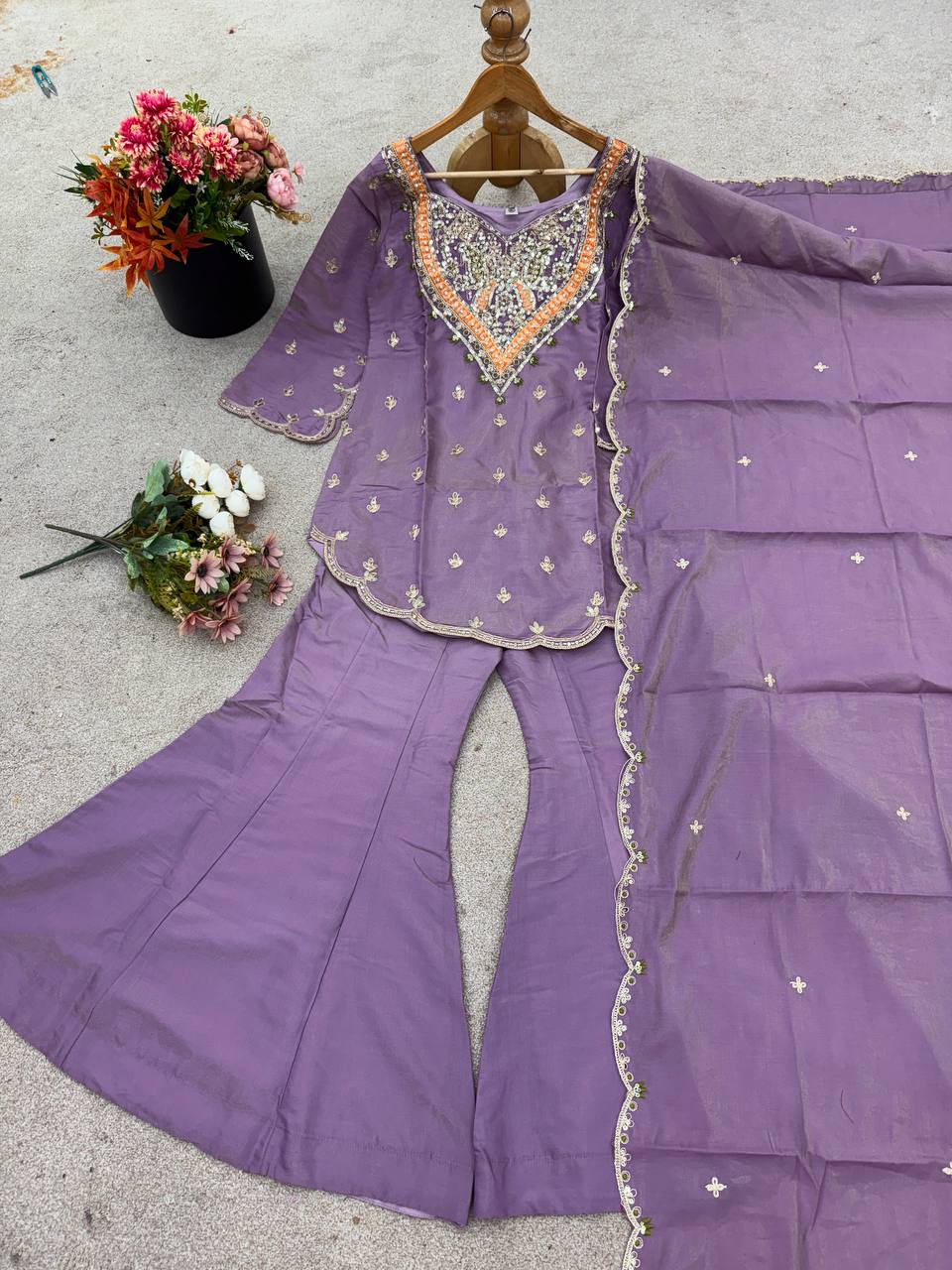 Party wear shimmer silk kurta palazzo with dupatta sets