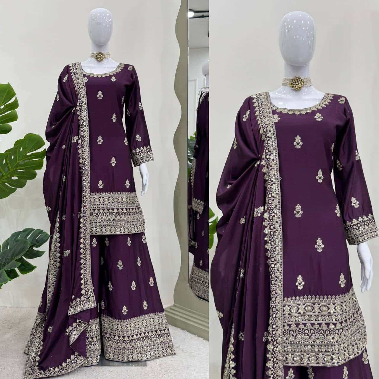 Pure Chinon Silk Kurta Palazzo with Dupatta