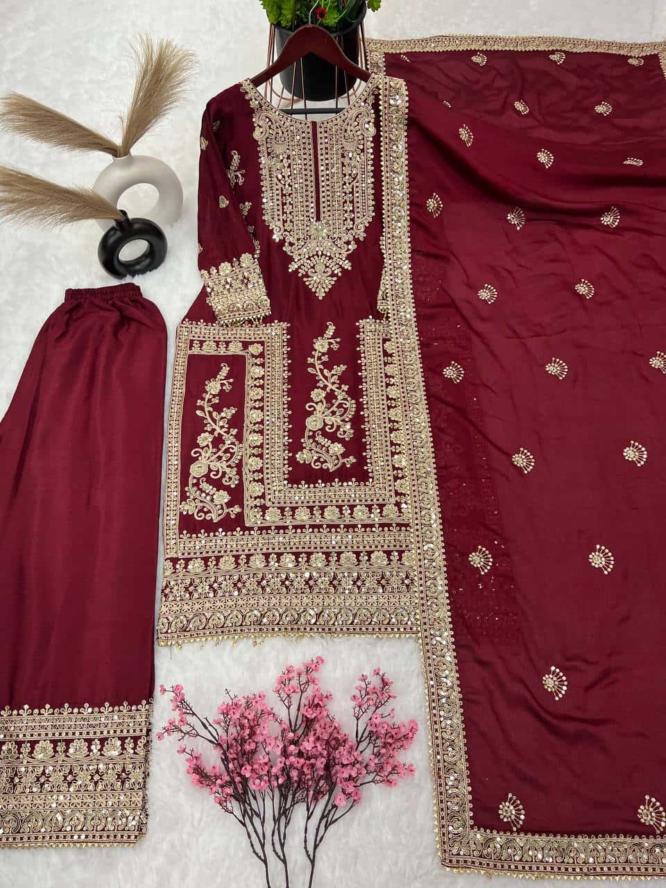 Pure Chinnon Silk Kurta Palazzo with Dupatta