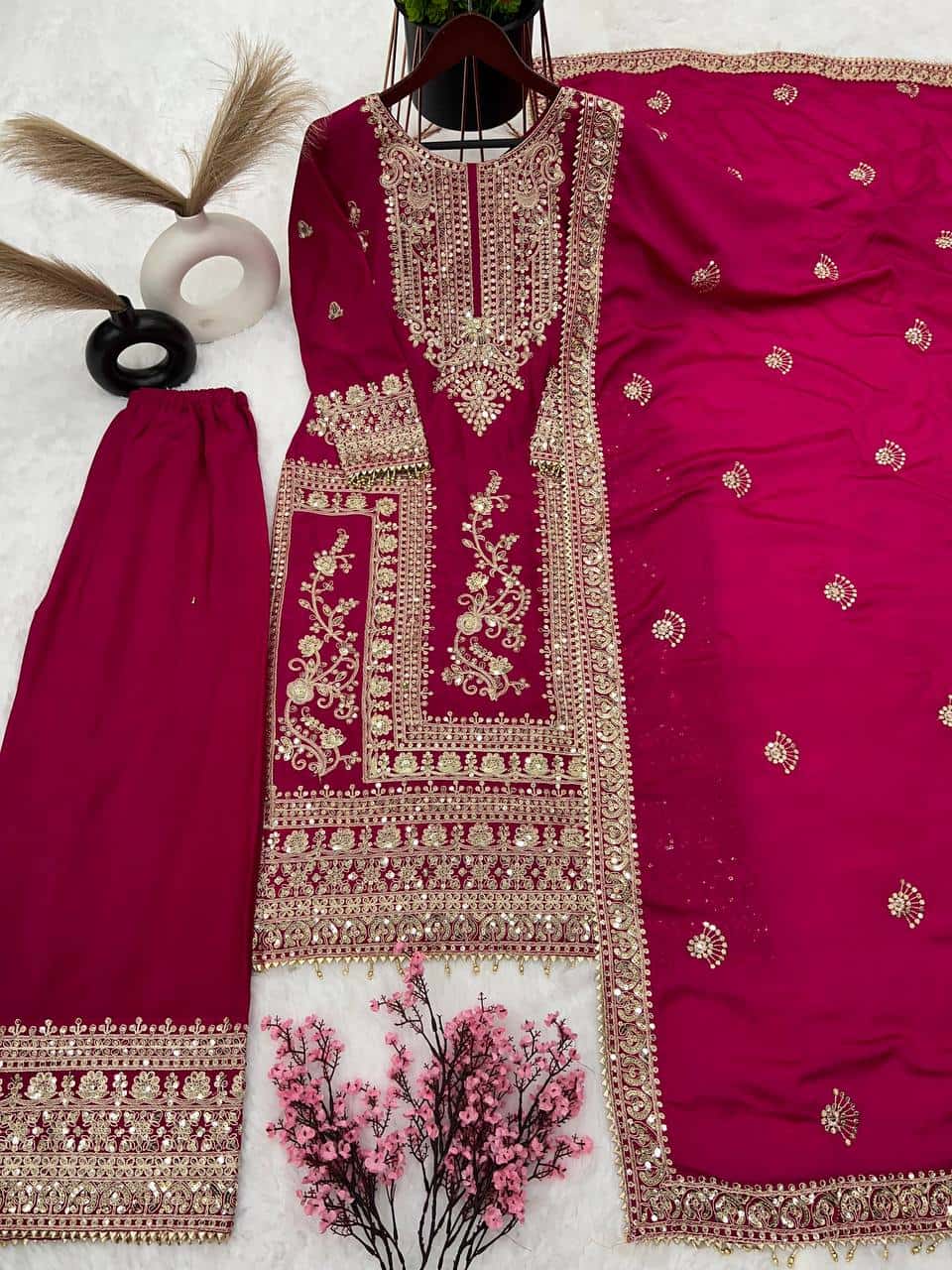 Pure Chinnon Silk Kurta Palazzo with Dupatta