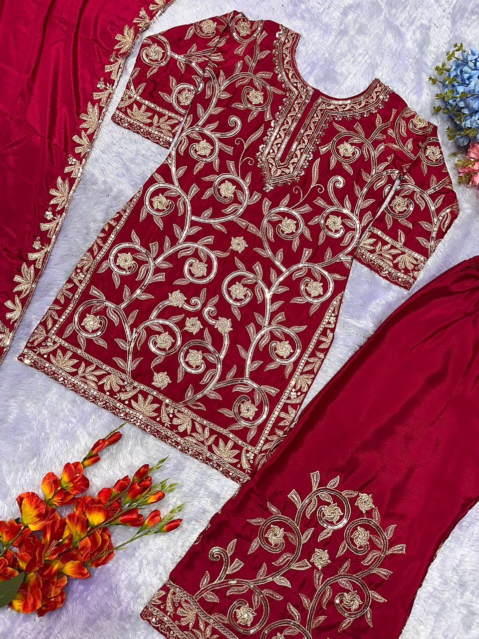 Wedding wear silk kurta palazzo with dupatta sets