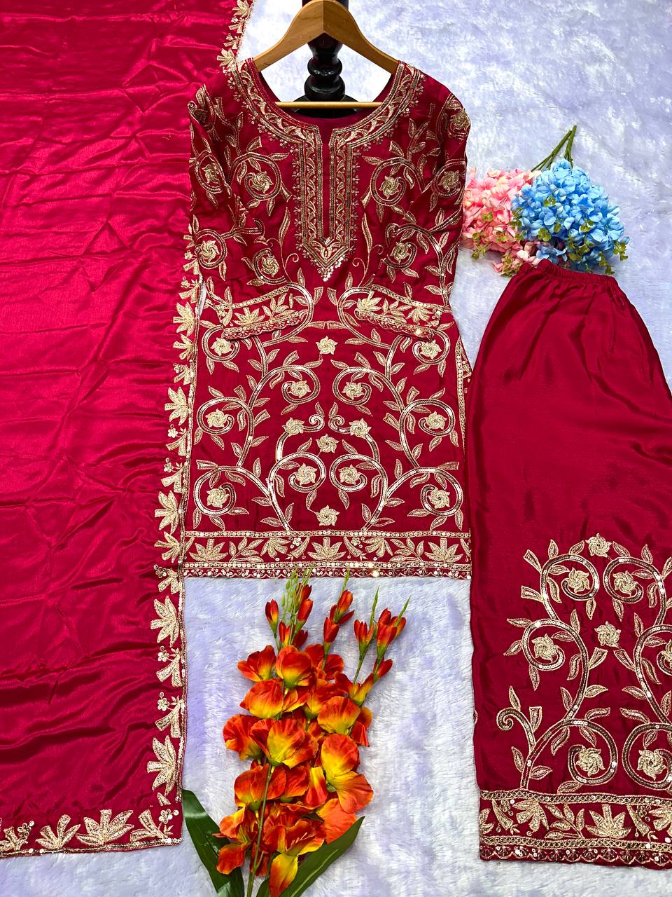 Wedding wear silk kurta palazzo with dupatta sets