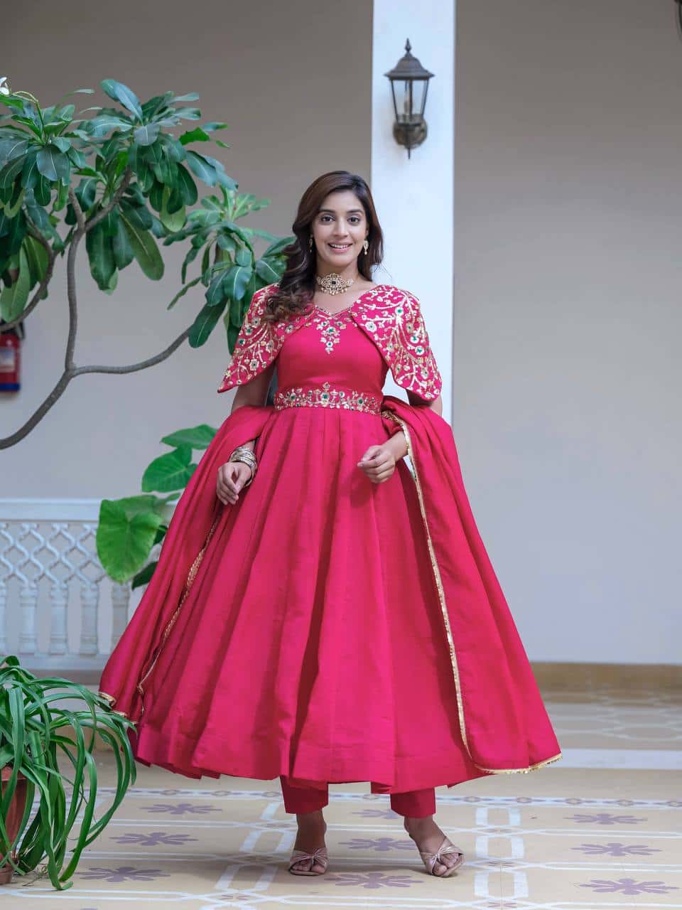 Silk embroidered sequence work gown with dupatta sets
