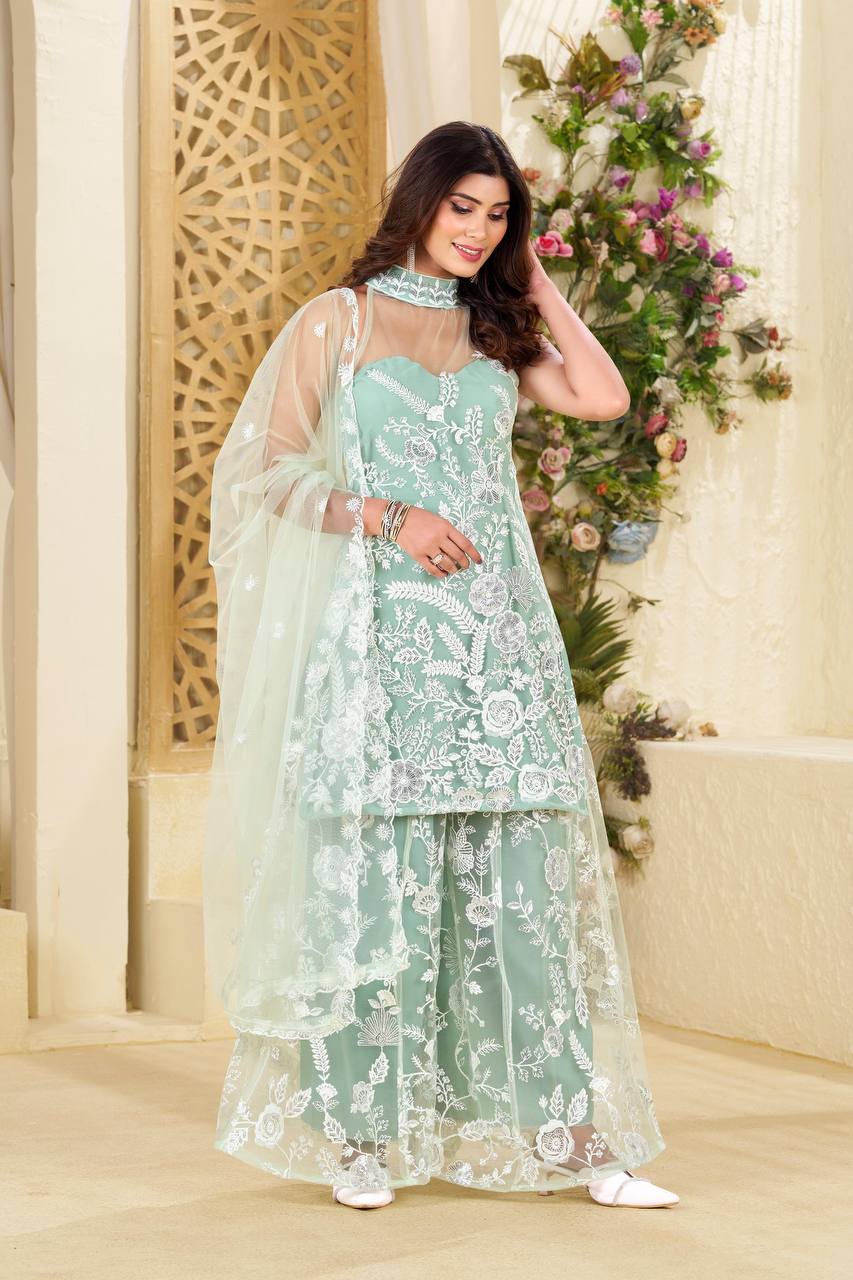 Trending Halter Neck net fabric Kurta & Palazzo Set with Dupatta