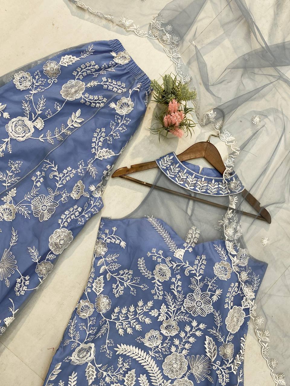 Trending Halter Neck net fabric Kurta & Palazzo Set with Dupatta