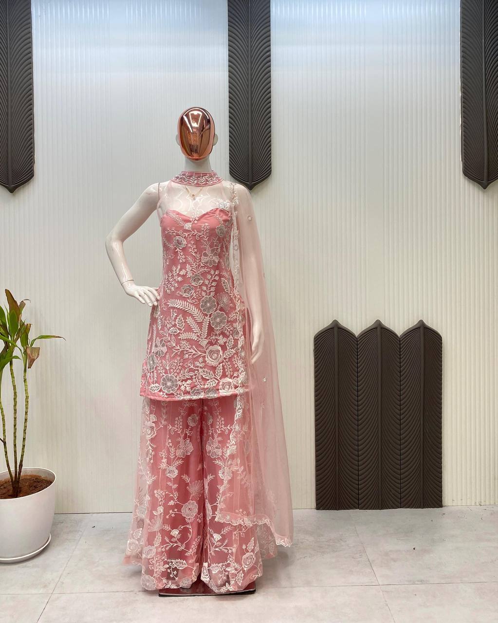 Trending Halter Neck net fabric Kurta & Palazzo Set with Dupatta