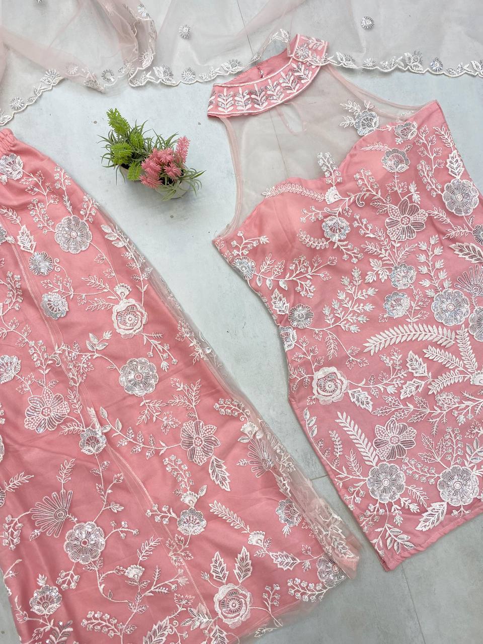 Trending Halter Neck net fabric Kurta & Palazzo Set with Dupatta