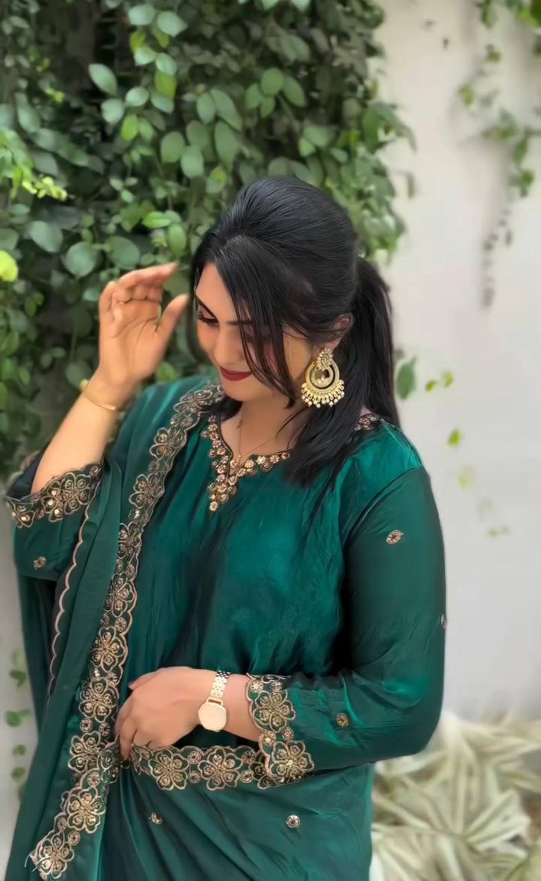 Latest designer silk hand embroidered short kurta palazzo with dupatta sets