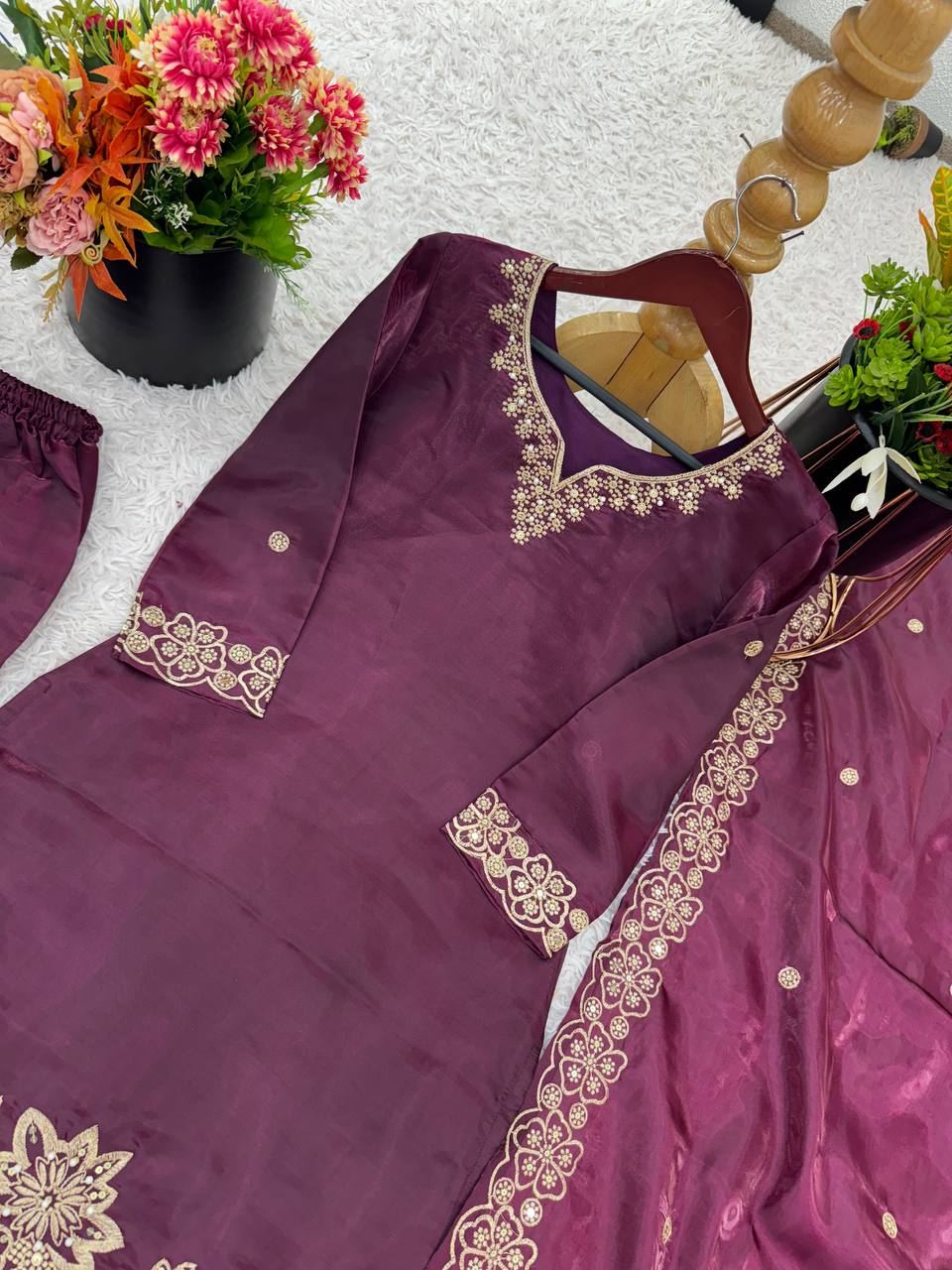 Latest designer silk hand embroidered short kurta palazzo with dupatta sets