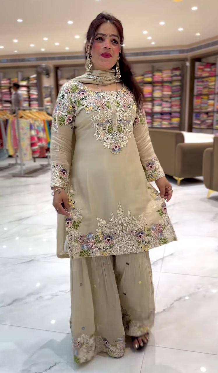 Natural Crepe silk hand embroidery work kurta sharara set