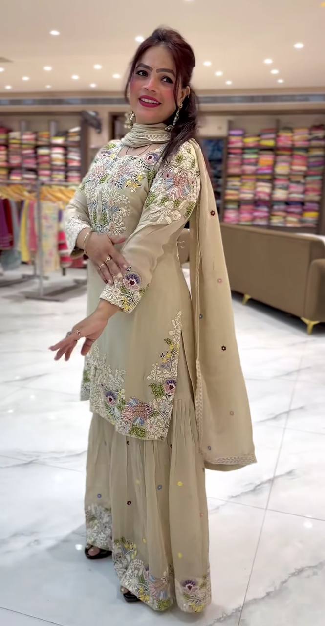 Natural Crepe silk hand embroidery work kurta sharara set