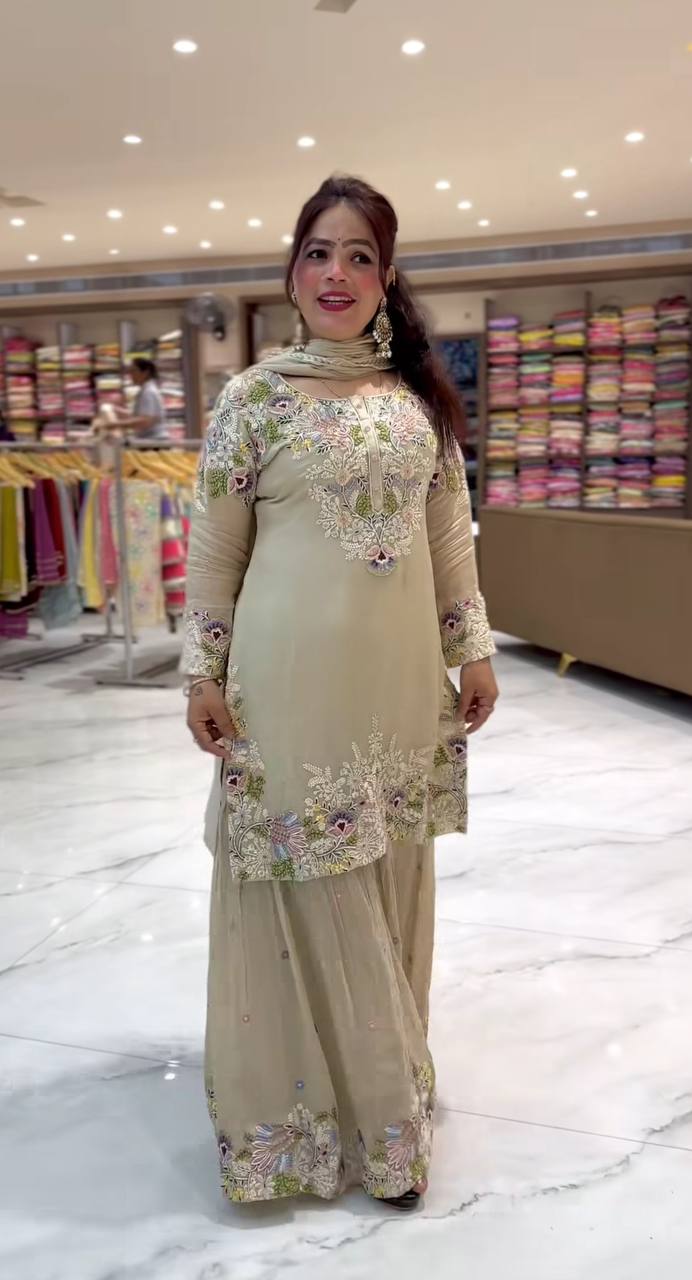 Natural Crepe silk hand embroidery work kurta sharara set