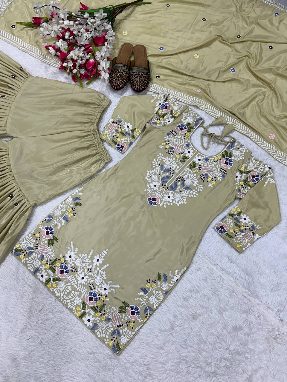 Natural Crepe silk hand embroidery work kurta sharara set