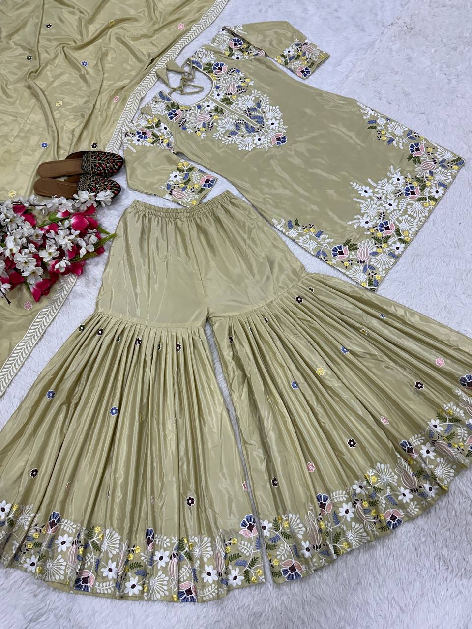 Natural Crepe silk hand embroidery work kurta sharara set
