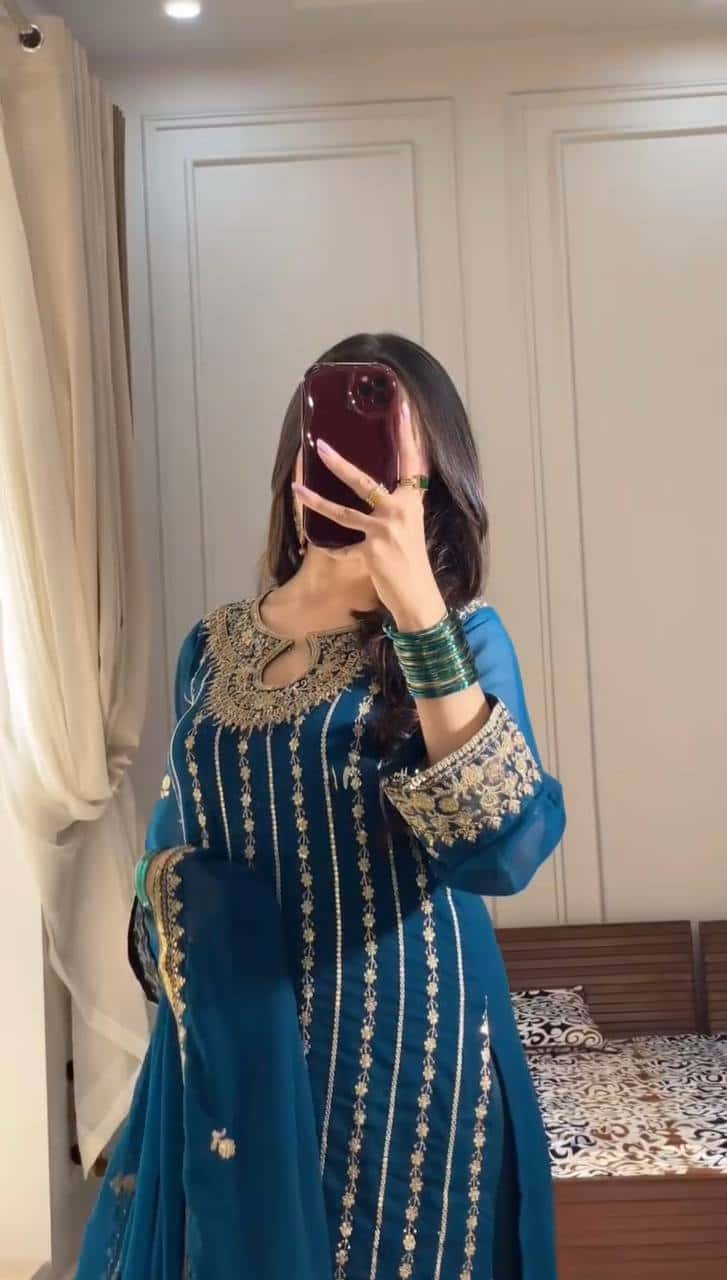 Elegant Heavy Faux Georgette Embroidered Top and Pant and Dupatta Set