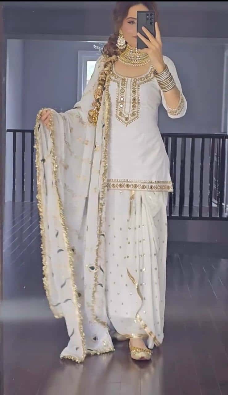 Heavy Malay Silk Embroidered Top with Mirror Work, Faux Georgette Dhoti Skirt, and Dupatta - Full Stitched Ethnic Party Wear Set for Women