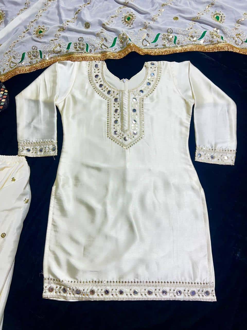 Heavy Malay Silk Embroidered Top with Mirror Work, Faux Georgette Dhoti Skirt, and Dupatta - Full Stitched Ethnic Party Wear Set for Women