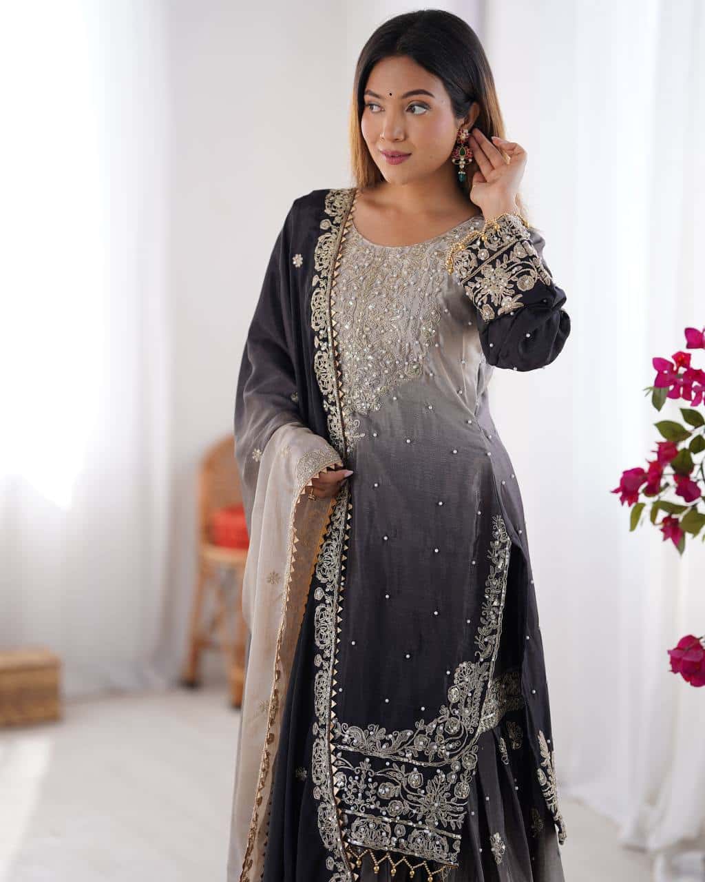 Designer silk kurta palazzo with dupatta set