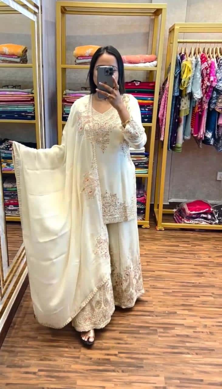 Wedding wear chinnon silk hand embroidered kurta palazzo with dupatta sets