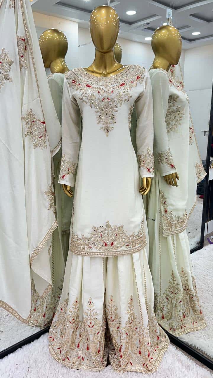 Wedding wear chinnon silk hand embroidered kurta palazzo with dupatta sets