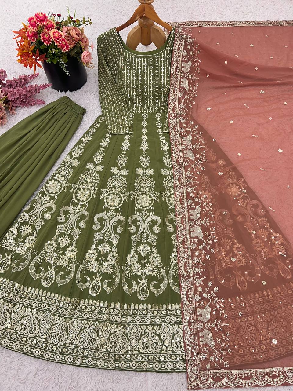 Faux georgette anarkali full flared gown pant with dupatta sets