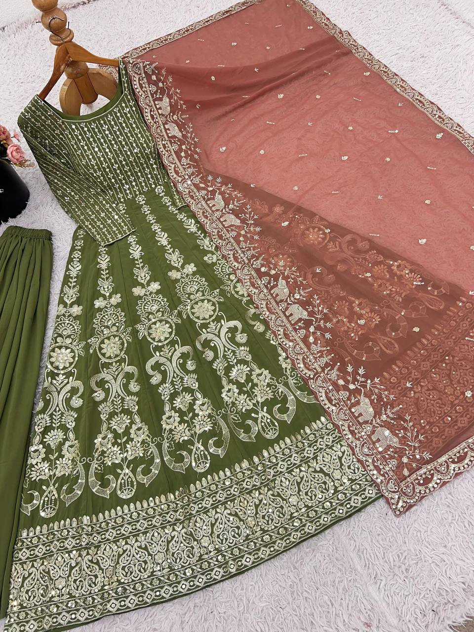 Faux georgette anarkali full flared gown pant with dupatta sets