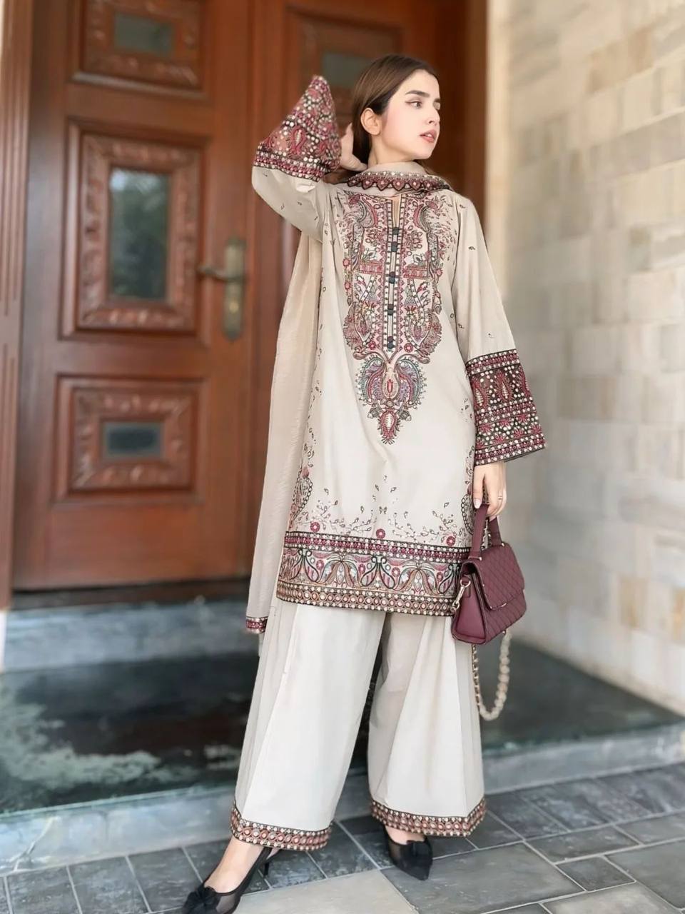 Pakistani Roman Silk Palazzo Set with Embroidered georgette Dupatta