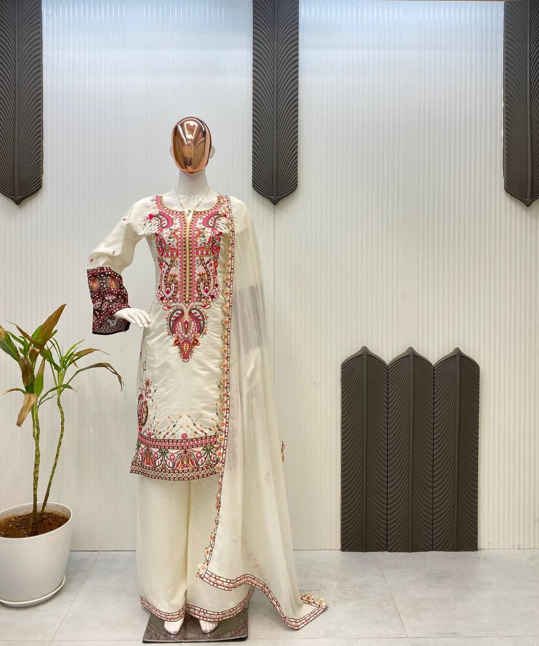 Pakistani Roman Silk Palazzo Set with Embroidered georgette Dupatta