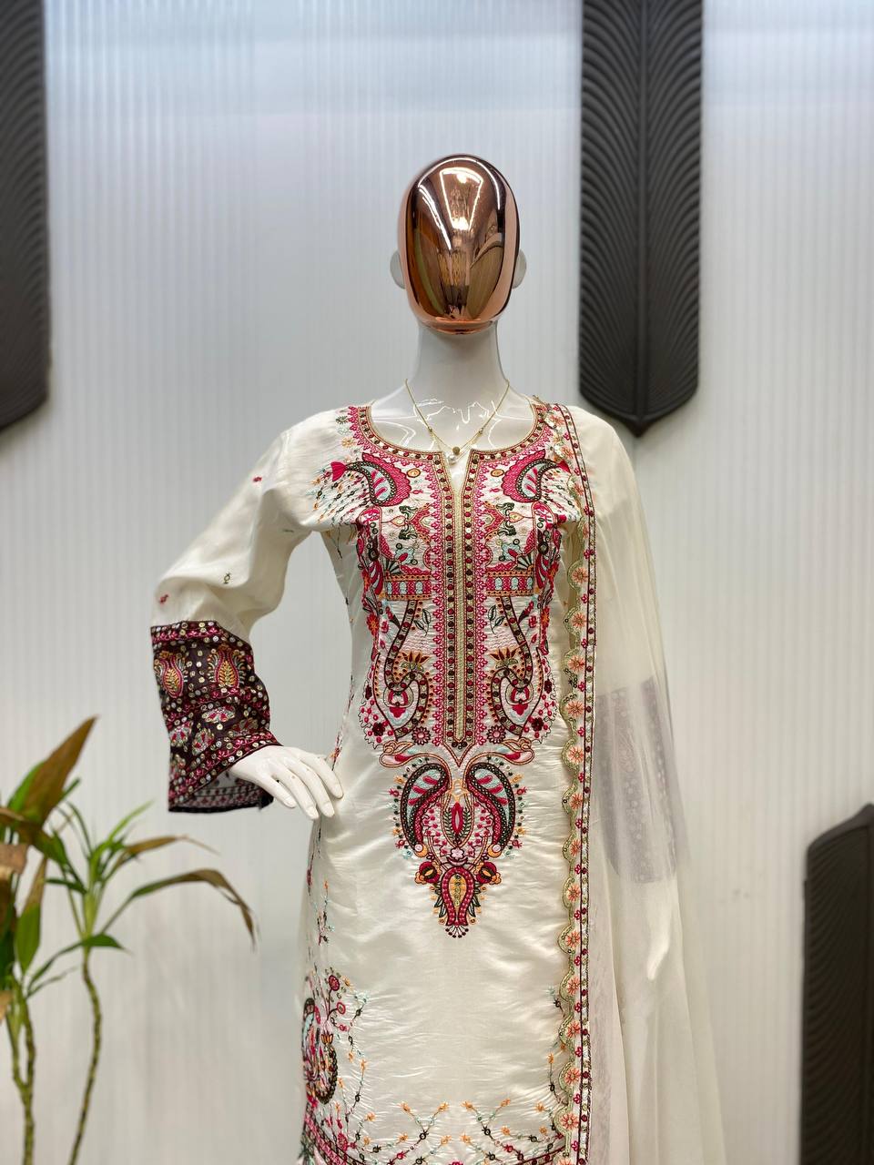 Pakistani Roman Silk Palazzo Set with Embroidered georgette Dupatta
