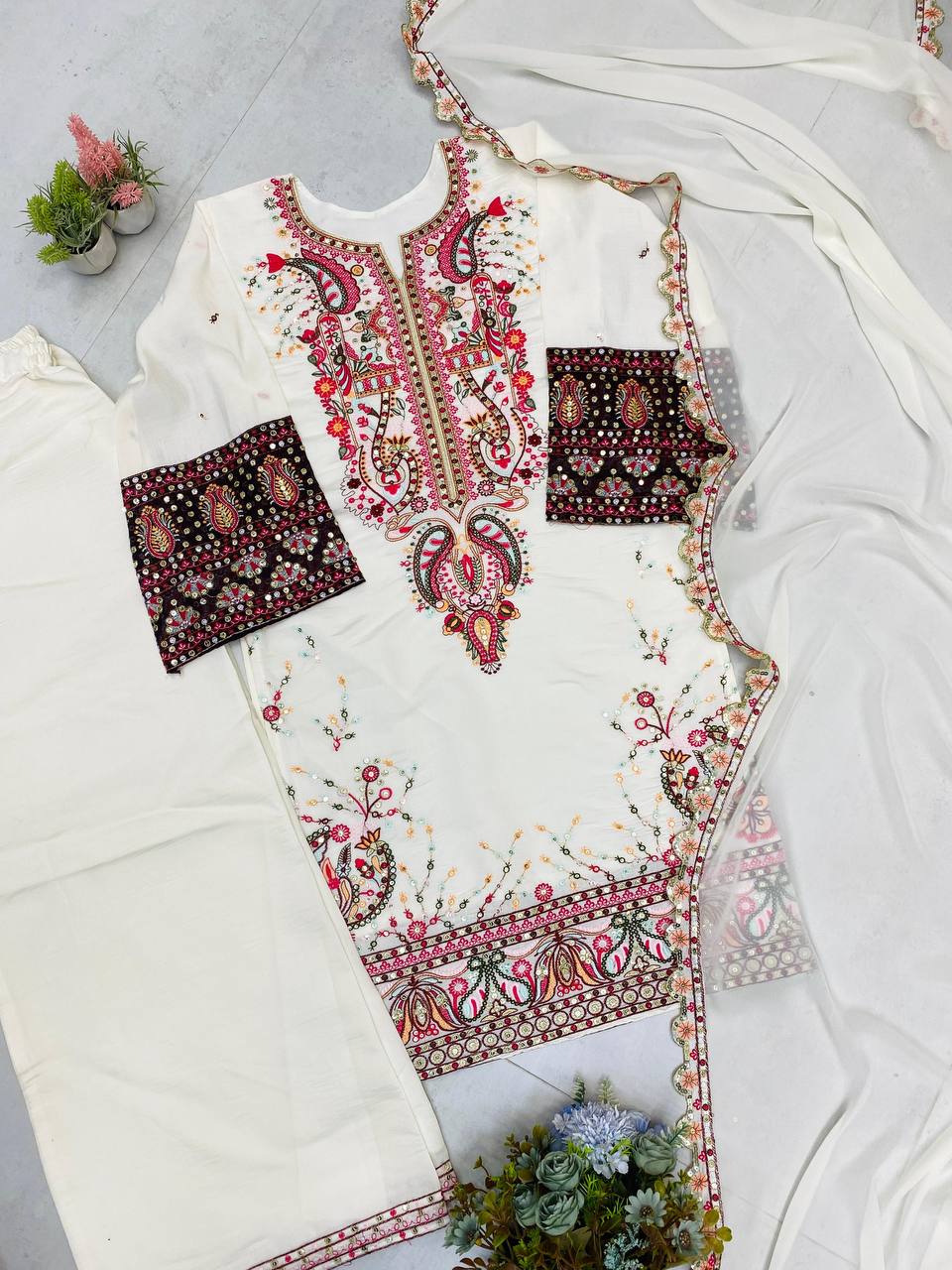 Pakistani Roman Silk Palazzo Set with Embroidered georgette Dupatta
