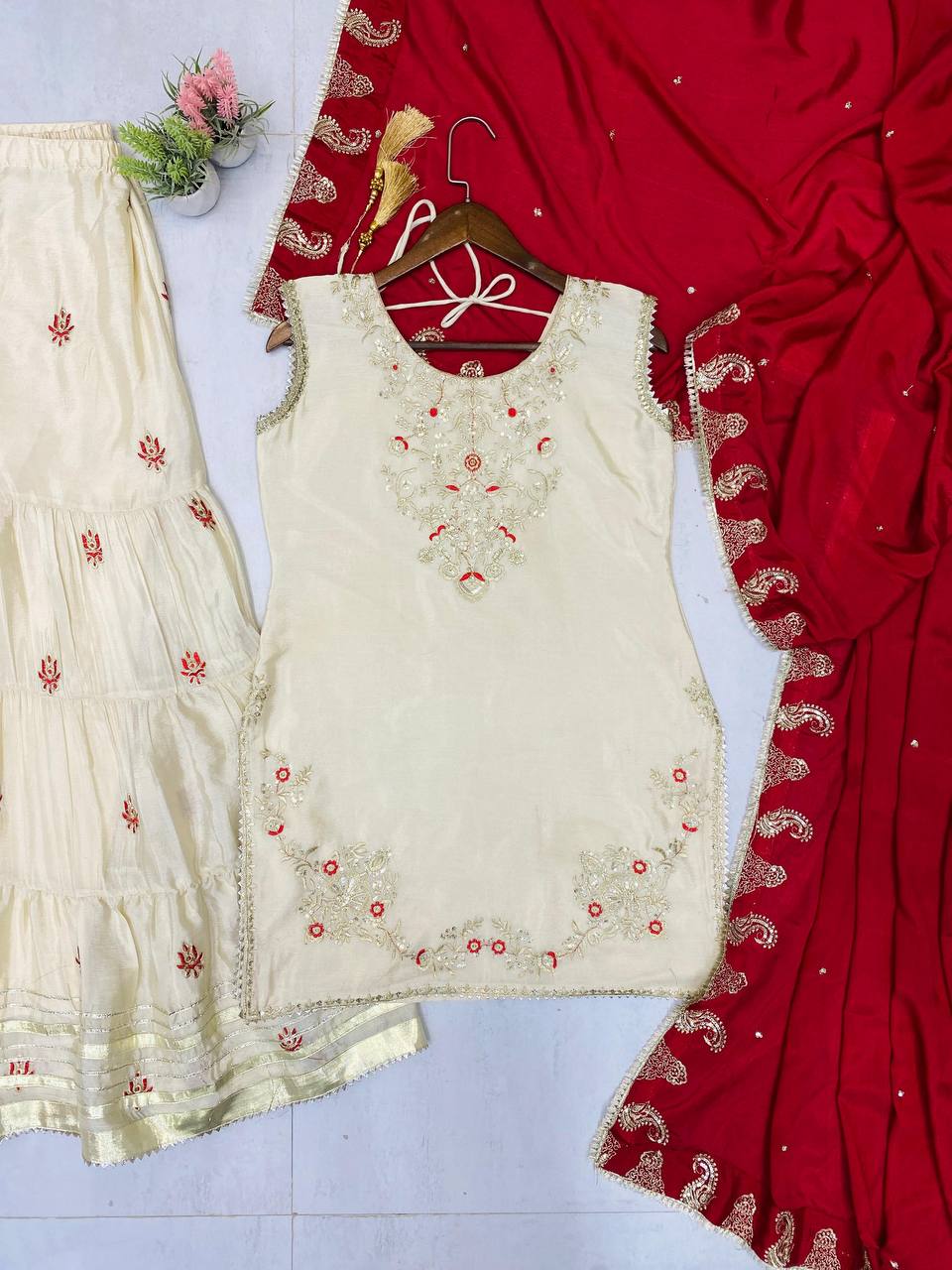 Wedding wear chinnon kurta sharara with dupatta sets