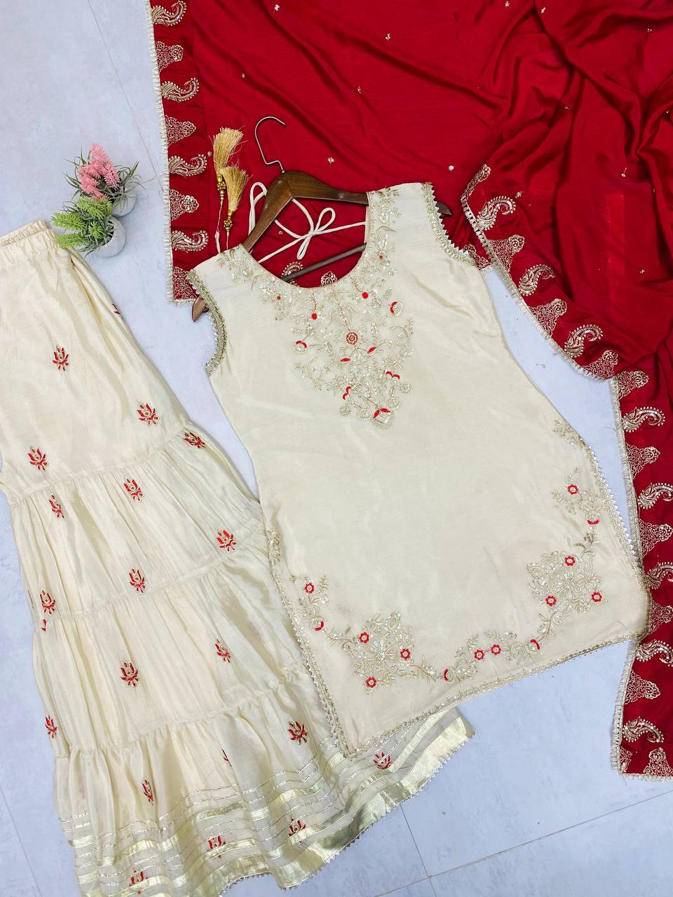 Wedding wear chinnon kurta sharara with dupatta sets