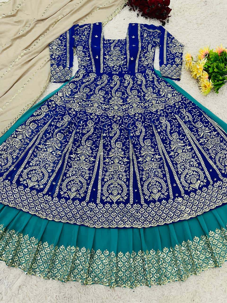 Faux Georgette with heavy 5mm embroidery sequence work Kurta Lehenga with Dupatta