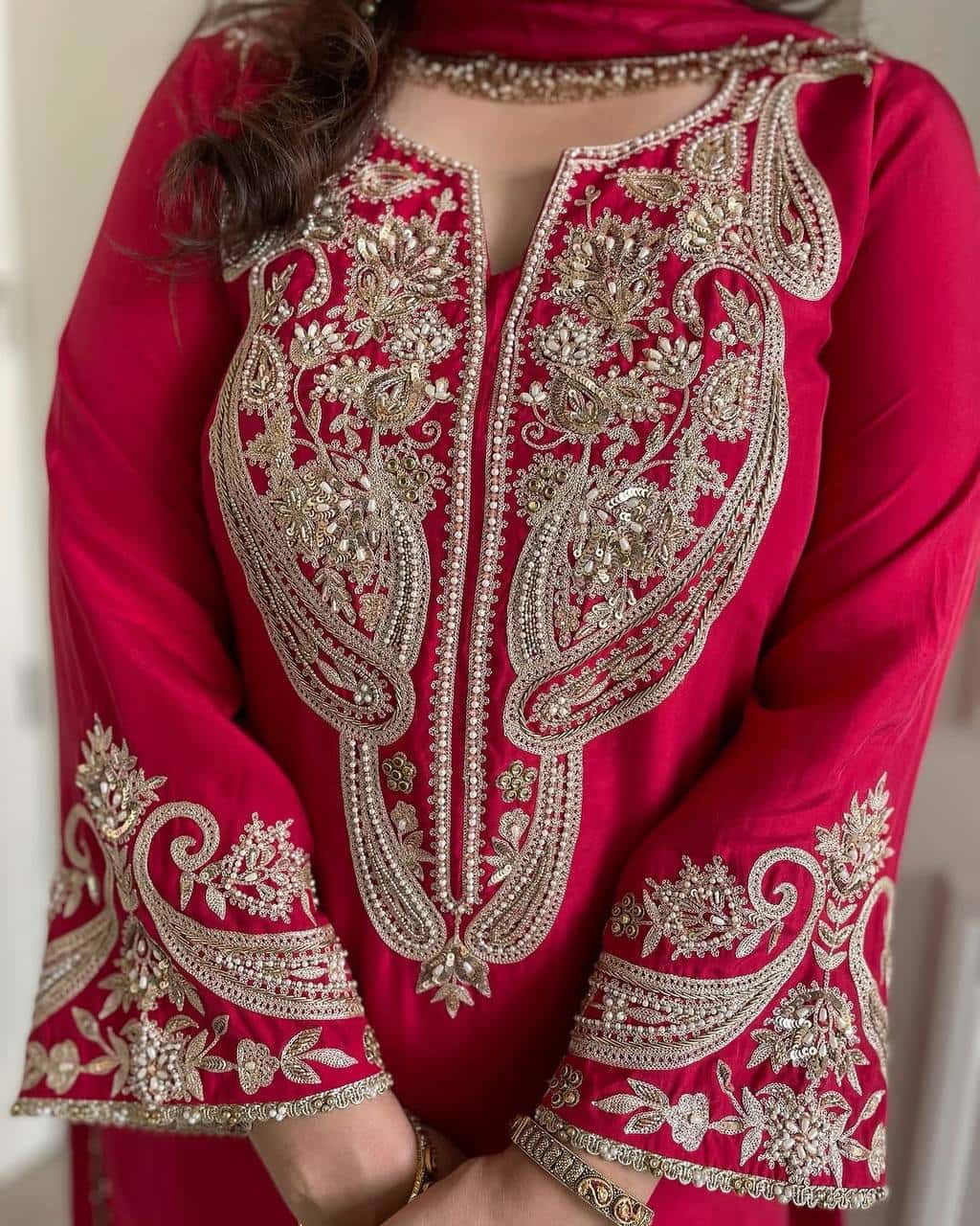 Elegant Pure Chinnon Silk Embroidered Set with Lace Border Dupatta