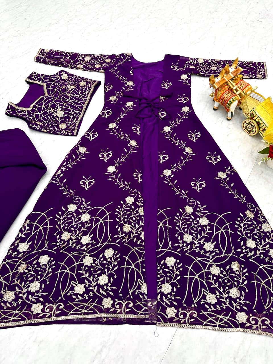 Heavy Faux Georgette Shrug, Choli & Palzzo Set with 3mm Embroidery