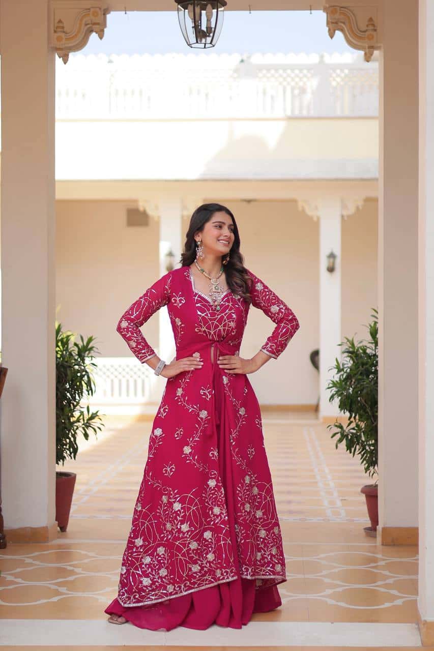 Heavy Faux Georgette Shrug, Choli & Palzzo Set with 3mm Embroidery