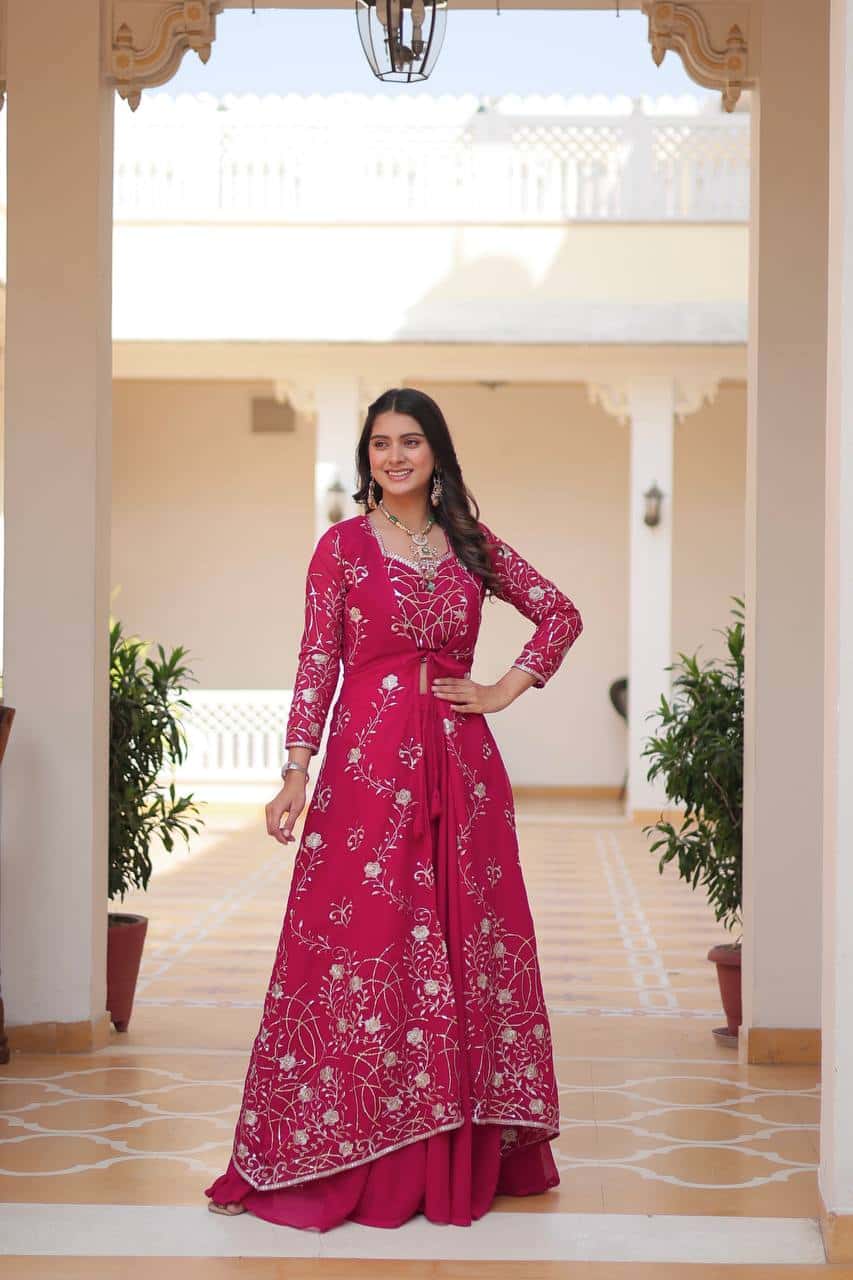 Heavy Faux Georgette Shrug, Choli & Palzzo Set with 3mm Embroidery