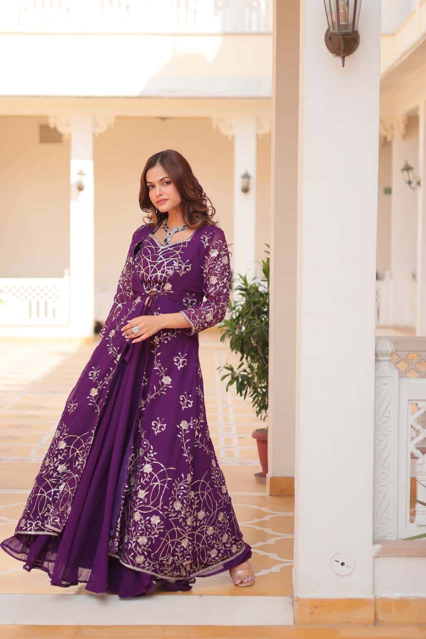 Heavy Faux Georgette Shrug, Choli & Palzzo Set with 3mm Embroidery