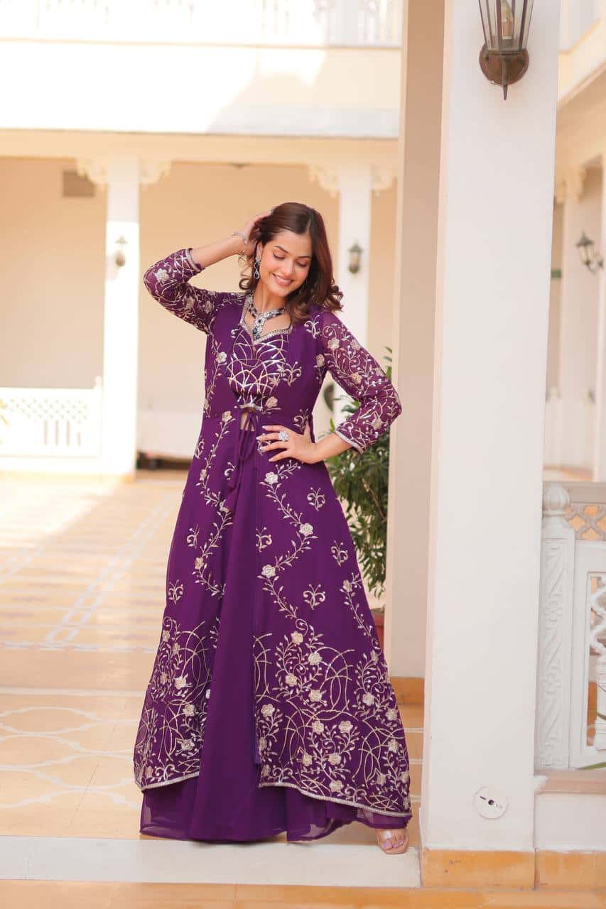 Heavy Faux Georgette Shrug, Choli & Palzzo Set with 3mm Embroidery