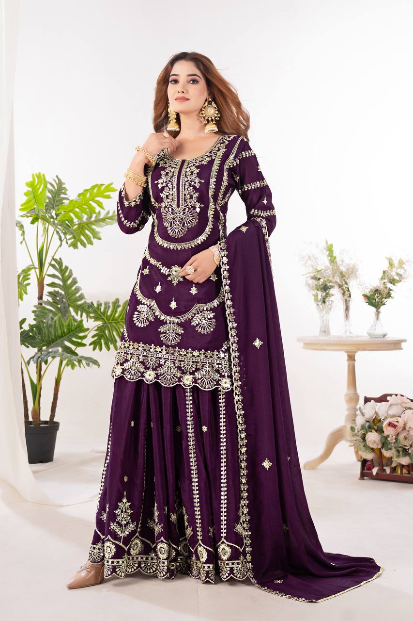 Wedding wear chinnon silk kurta and flared palazzo with dupatta sets