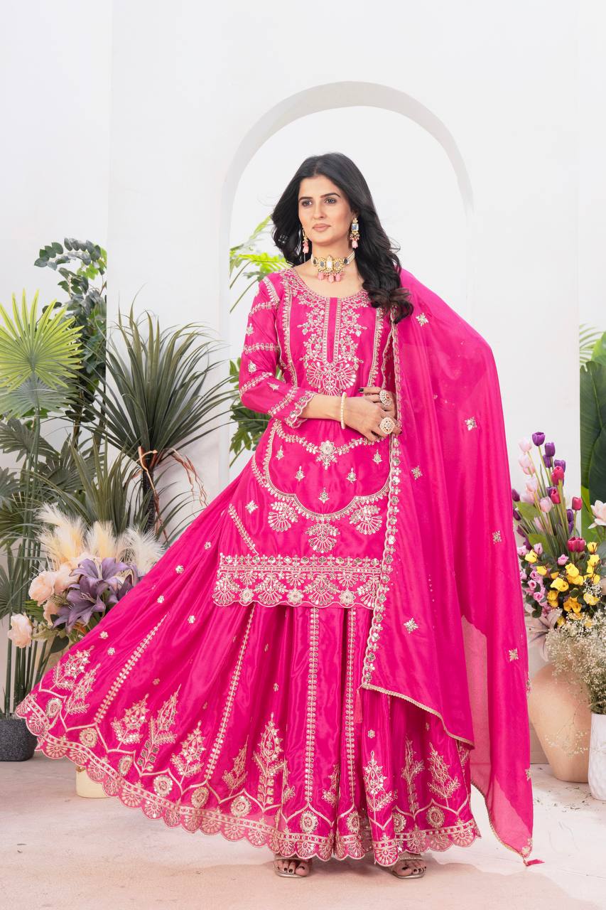 Wedding wear chinnon silk kurta and flared palazzo with dupatta sets