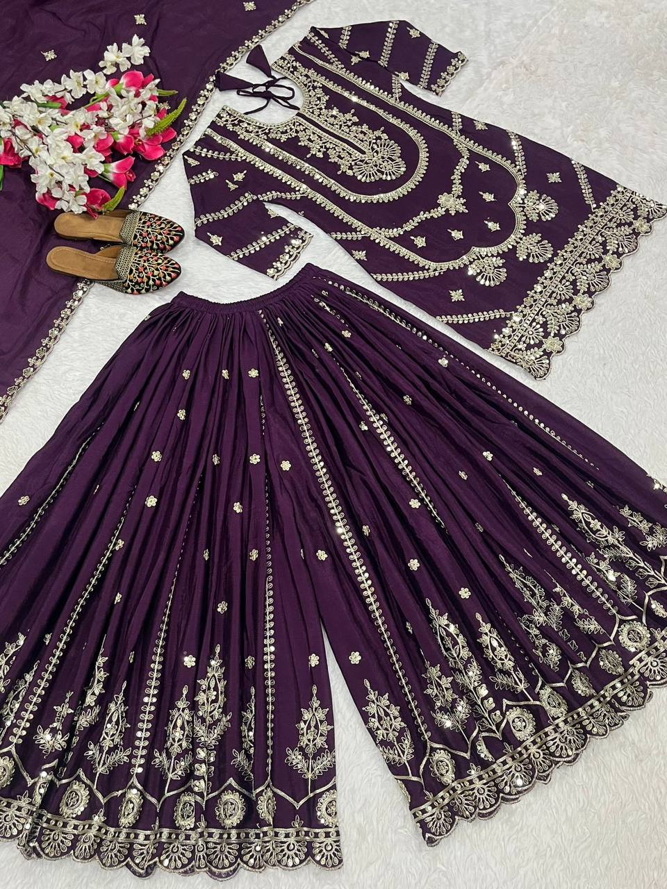 Wedding wear chinnon silk kurta and flared palazzo with dupatta sets