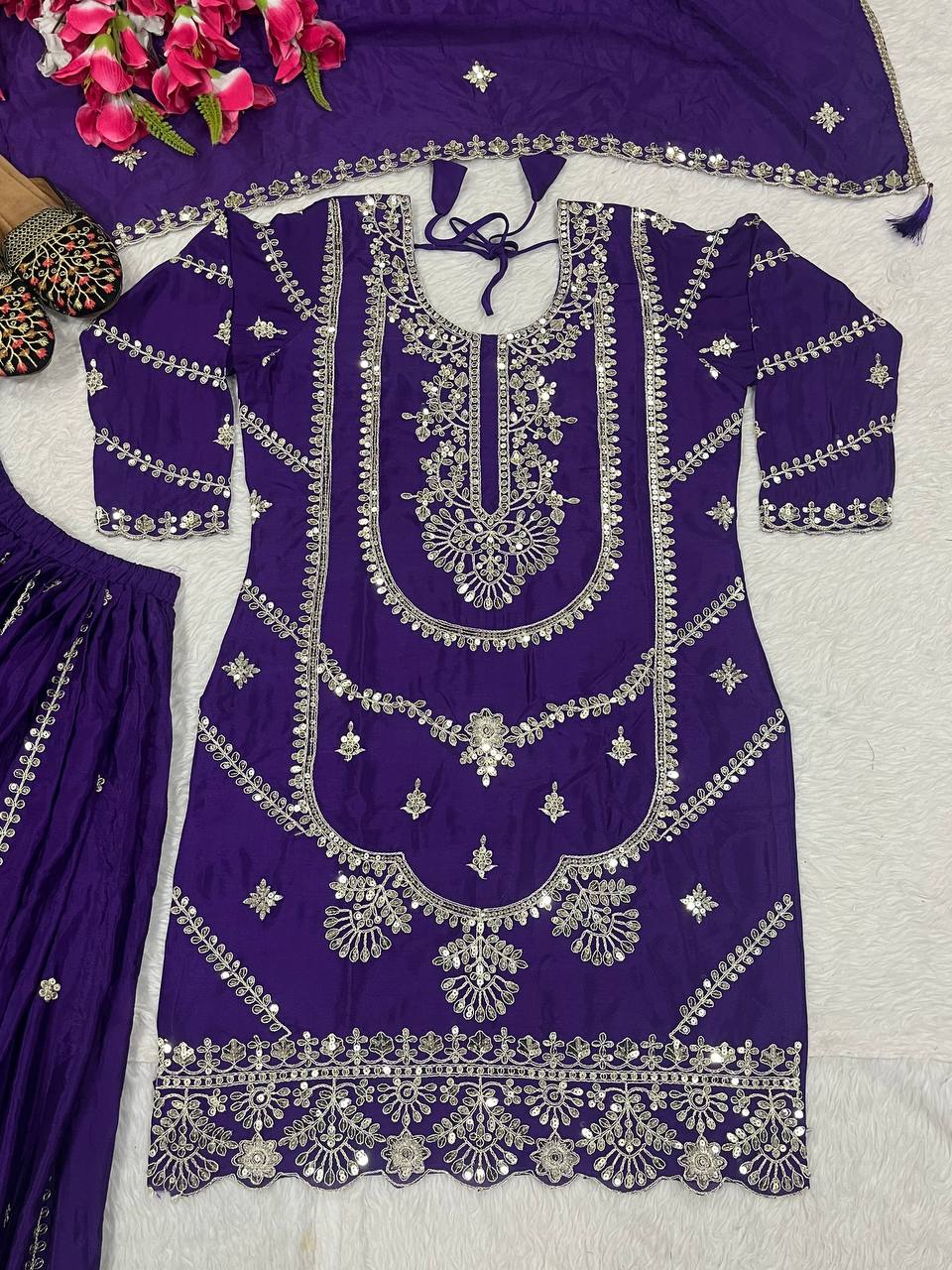 Wedding wear chinnon silk kurta and flared palazzo with dupatta sets